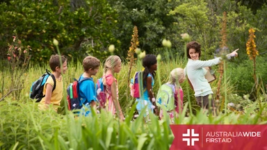 A woman leading children on a walk through nature